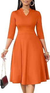 Nmoder Casual Dresses for Women Semi Formal Fit and Flare Dresses 3/4 Sleeve A-line Church Work Dresses with Pockets Orange XL