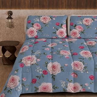 PETTI Artigiani Italiani - Winter Quilt, Winter Duvet, Double Sided Quilt, Solid Colour and Digital Print Light Blue Floral, 100% Microfibre, Made in Italy