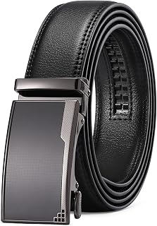 Men's Leather Belt Automatic Ratchet Buckle Slide Belt for Dress Casual Trim to Fit with Gift Box