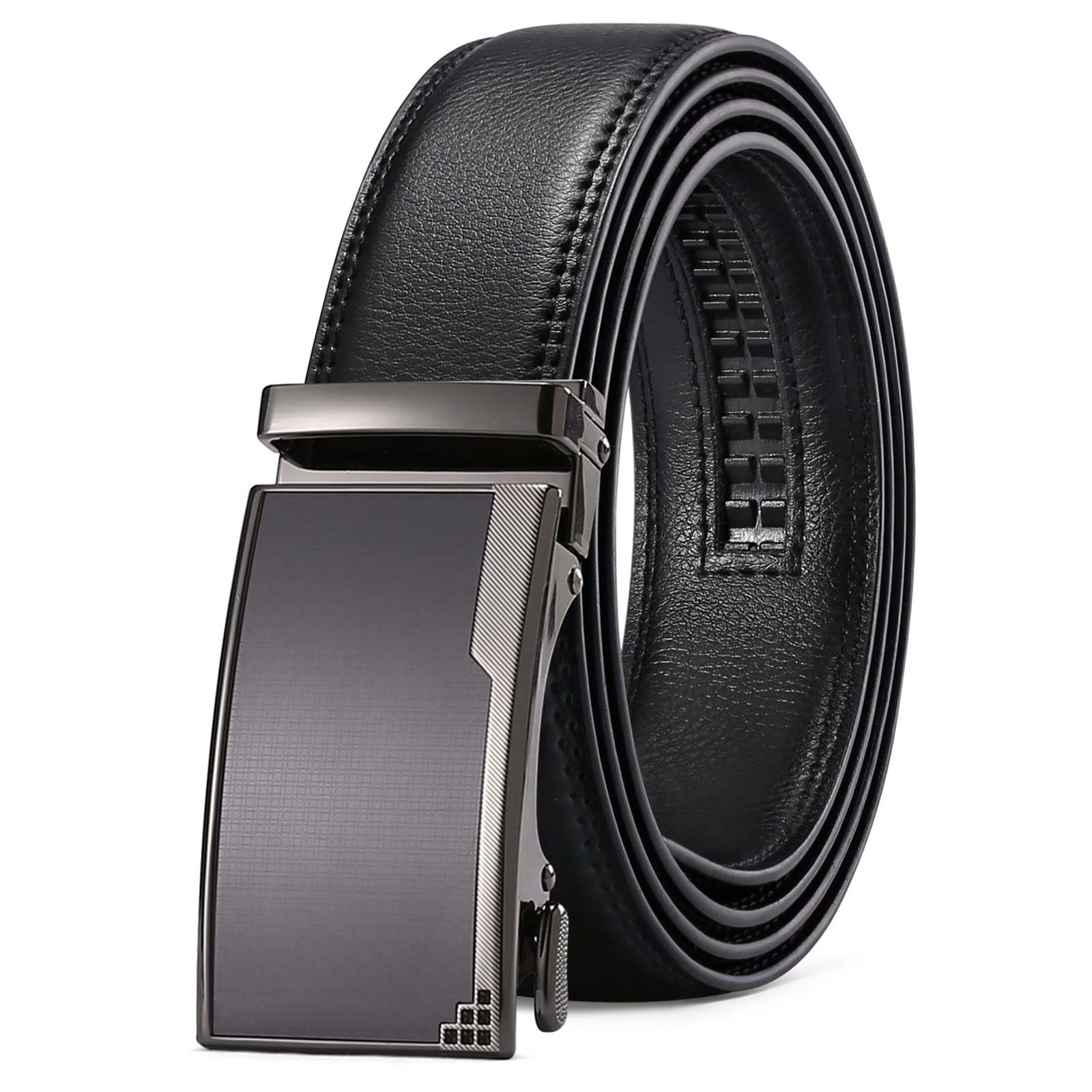 Men's Leather Belt Automatic Ratchet Buckle Slide Belt for Dress Casual Trim to 