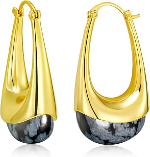 SNGIA Long Oval Chunky Dangle 18K gold plated Hoops with Colored Resin Gemstone Statement Earrings for Women by SNGIA, (Green, Brown, Blue, Pink, White, Cream), Bold Drop Handmade Exaggerated