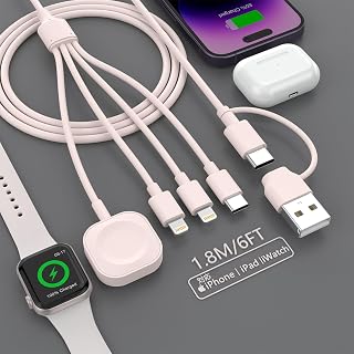 【New Arrival 2025】Charging Cable 4-in-1 Charging Cord Fast Charging USB Type-C/Lightning*2/Watch 1 Cable 4 Functions 4 Devices Charge Simultaneously Apple Watch Charging Cable Compatible with iPhone