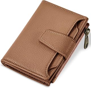 Small Wallet for Women RFID Blocking Bifold Compact Card Holder Wallet for Women Zipper Coin Pocket ID 4 Window, Braun