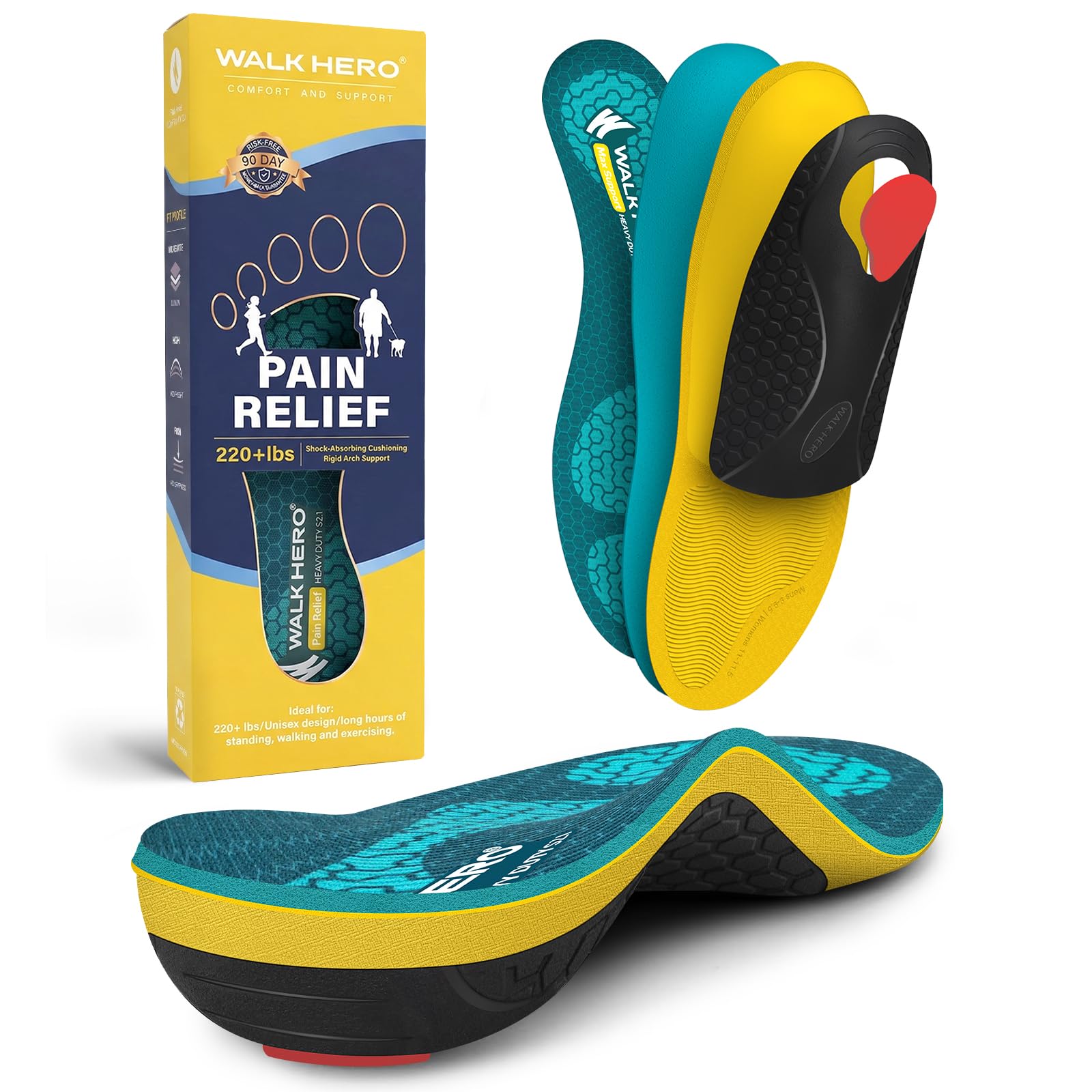 WalkHero Heavy Duty Plantar Fasciitis Insoles, 220+lbs Shoe Insoles | Plantar Fa