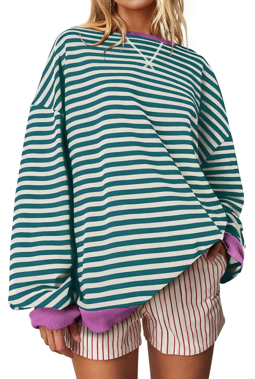 UEU Women Plus Size Striped Crew Neck Long Sleeve Color Block Casual Sweatshirts