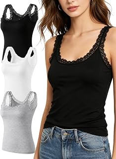 3 Pack Women Sexy Lace Trim Sleeveless Solid Color Camisole Crew Neck Summer Tank Tops