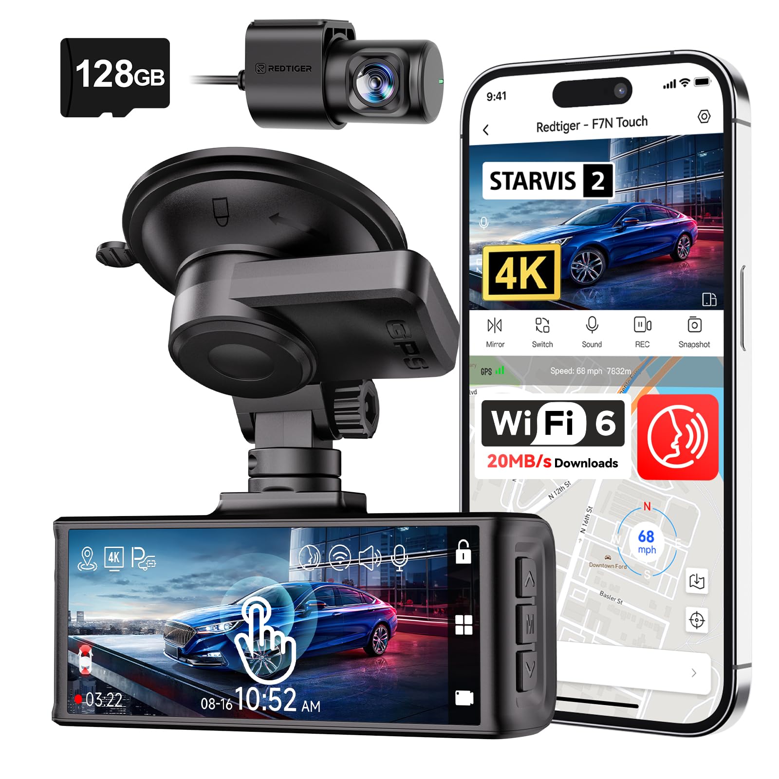 REDTIGER 4K STARVIS 2 Dashcam Front Rear, 5GHz WiFi 20MB/s, Free 128GB Card | Vo
