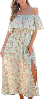 CUPSHE Women's Summer Dress Off Shoulder Maxi Length Ruffle Fitted Waist
