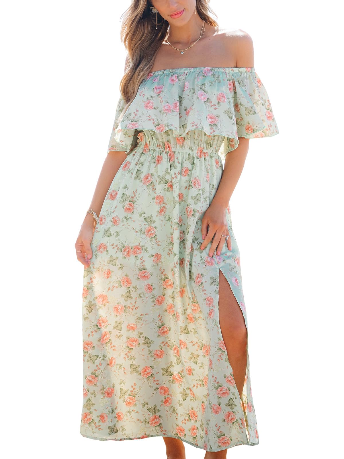 CUPSHE Women's Summer Dress Off Shoulder Maxi Length Ruffle Fitted Waist