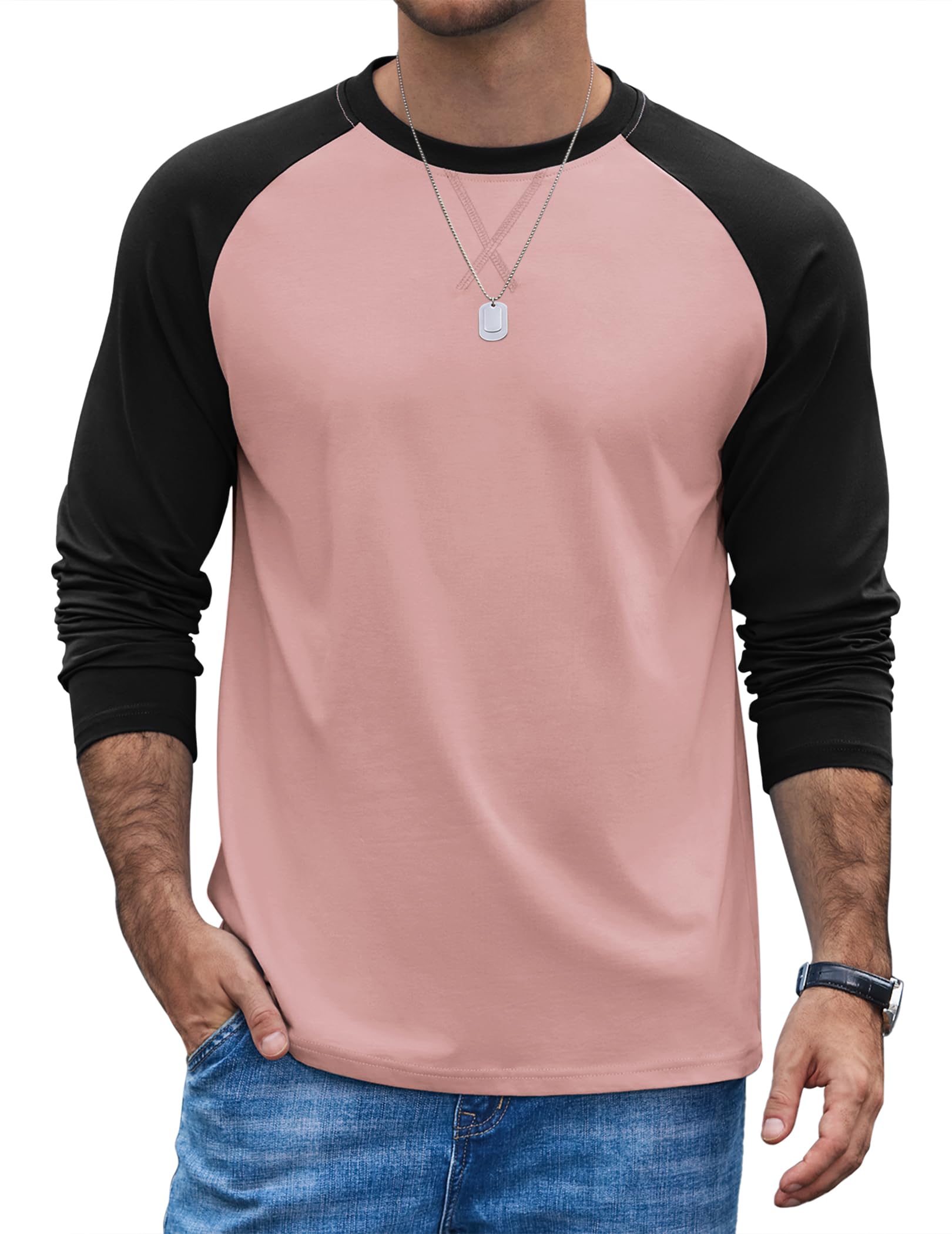 COOFANDY Men's Long Sleeve Cotton Raglan Contrast Long Sleeve Crew Neck Baseball