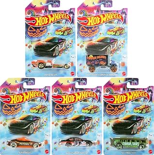 Hot Wheels Halloween Theme Die-Cast Toy Cars Set of 5, Includes Rockin' Railer, Baja Hauler, Alpha Pursuit, Dodge Charger Stock Car, Hot Wheels High DXT91-979J