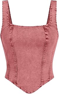 WDIRARA Women's Denim Corset Tank Top Crop Sleeveless Zip Up Back Tops