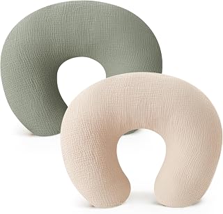 Konssy 2-Pack 100% Cotton Muslin Nursing Pillow Covers, Soft Cover for Baby | Covers Only, Breastfeeding Pillows Slipcovers for Baby Boys &amp; Girls, Hidden Zipper, Machine Washable, (Fog Green, Cream)