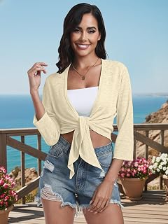 Women's Summer Tie Knot Cropped Cardigan Lightweight Knit Long Sleeve Shrug