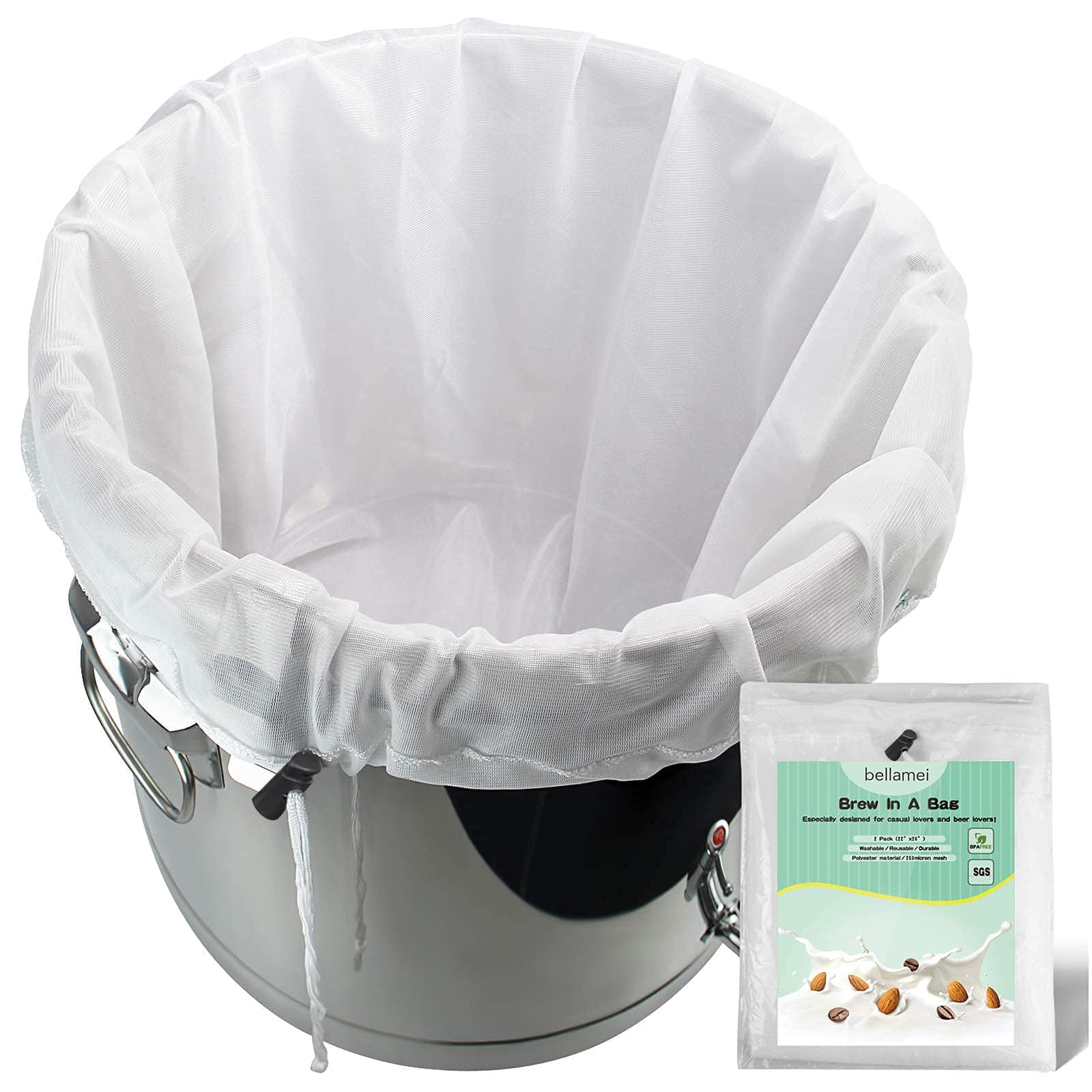 Bellamei Brew Bag Reusable 2 Pack 22"×26" 250 Micron Fine Mesh Bag for Beer | 5 