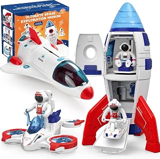 AuntyFey Space Rocket and Shuttle Toy Set for Kids with 2 Astronaut Figures | 8PCS Space Toy Set, Light-up Space Rocket Shuttle with Sounds, Moving Rocket Elevator, Rolling Rover for Kid Ages 3-7
