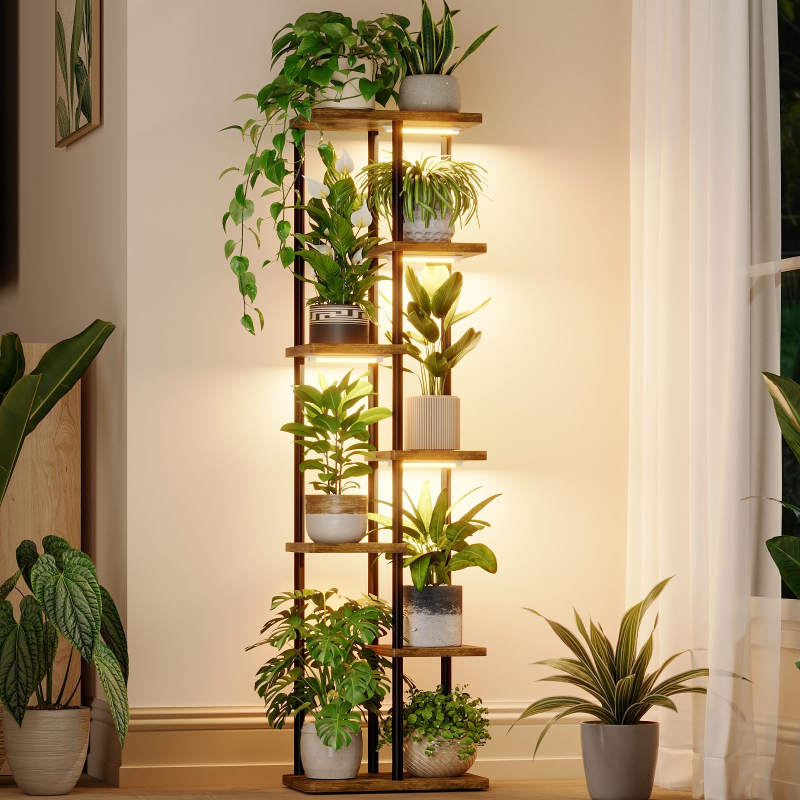 Bamworld Plant Stand with Grow Light for Indoor Plants Corner 7 Tier Metal Plant