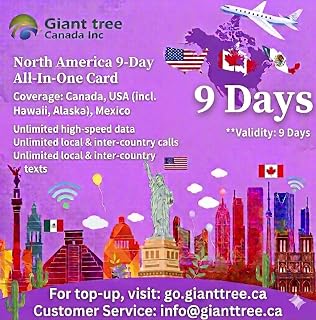 Giant Tree North America Travel SIM Card - 9 Days Unlimited High-Speed Data, Calls & Texts in USA, Canada & Mexico - Includes Hawaii & Alaska - Easy Activation