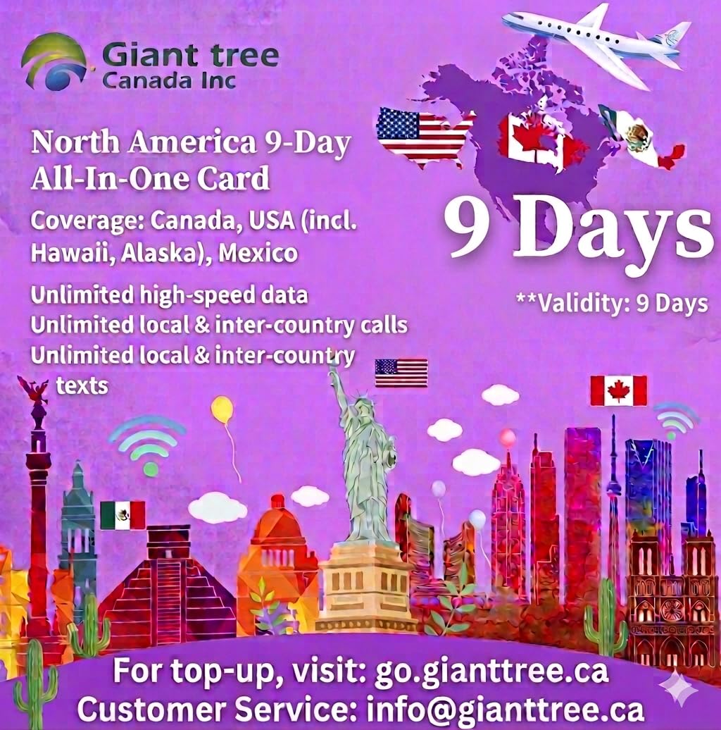 Giant Tree North America Travel SIM Card - 9 Days Unlimited High-Speed Data, Cal