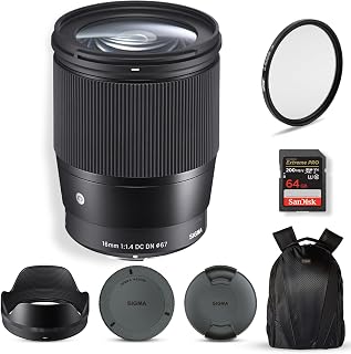 Sigma 16mm f/1.4 DC DN Contemporary Lens for Sony E, APS-C Format Bundle | Features super multi-layer coating, weather-sealed. Includes Tiffen 67mm UV Protector Filter, 64GB Extreme PRO Card, & Bag