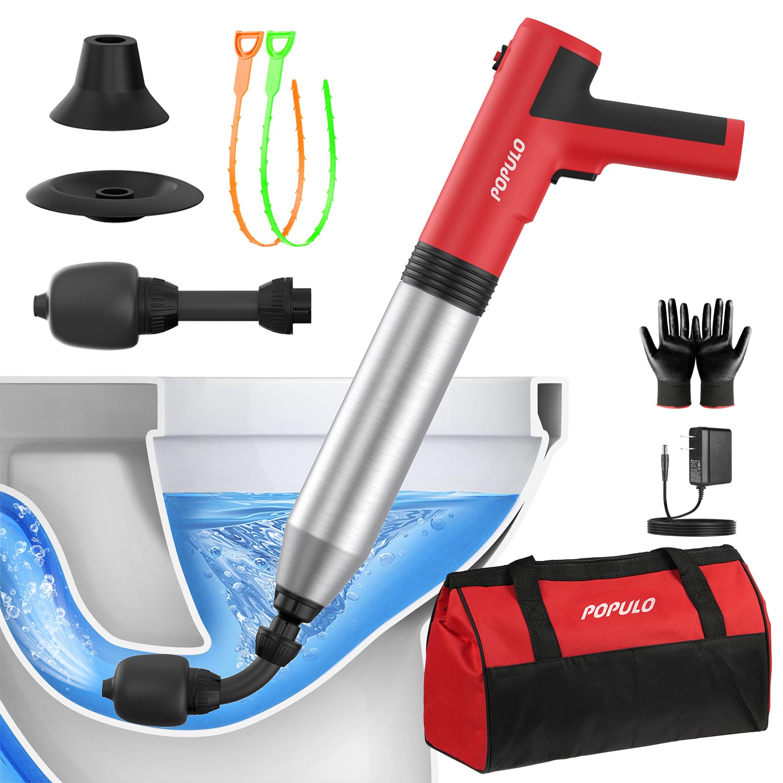 POPULO Electric Toilet Plunger, 5 Bar Air Clog Remover with Built-In Pump | One-
