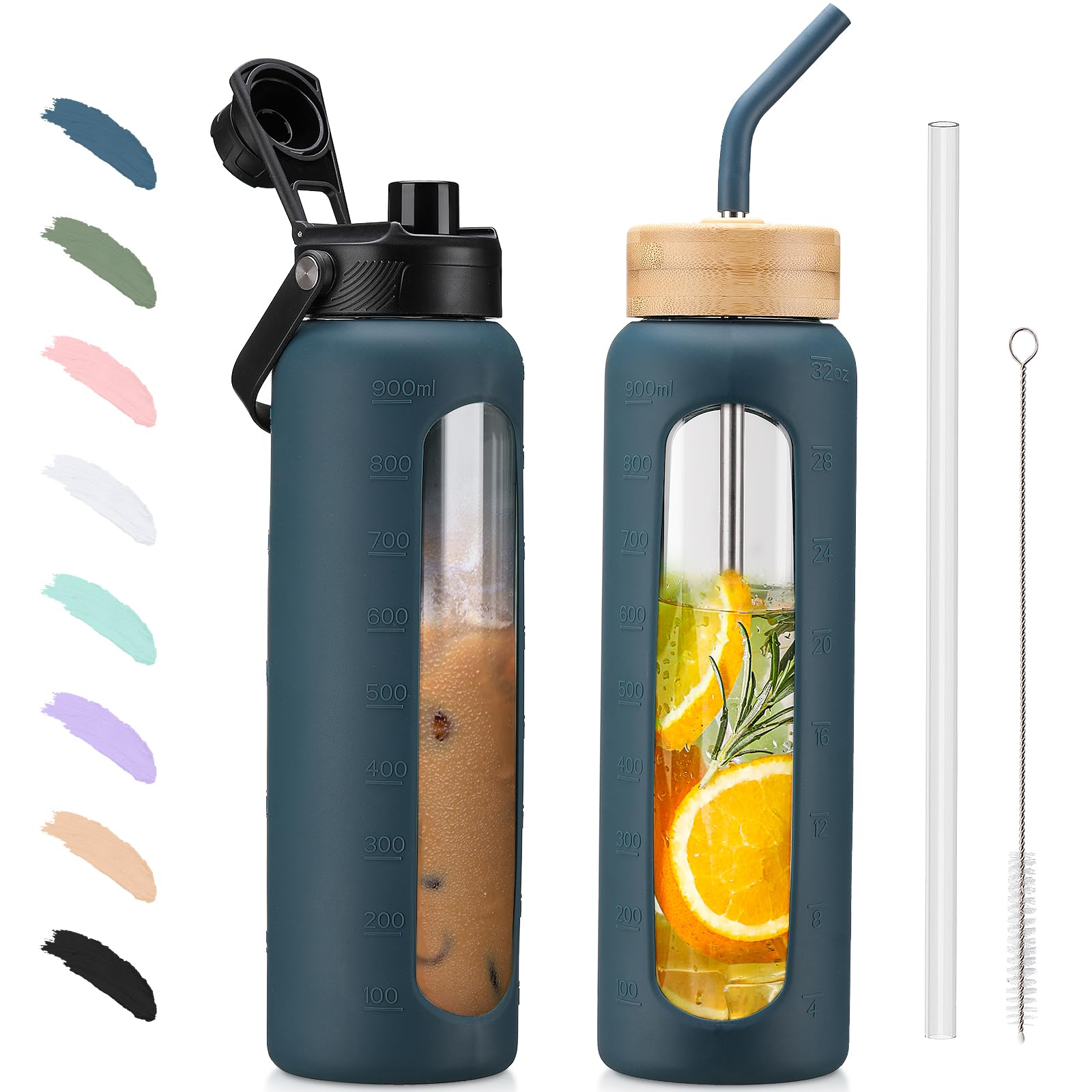 BLUEGO 900ml Glass Water Bottle with Straw and 2 Lids Glass Coffee Cup with Time