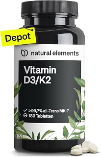 natural elements Vitamin D3 + K2 Depot – 180 Tabletten – Premium-Qualität: K2VITAL® von Kappa – 99,7+% All-Trans K2-MK7 + 5000 IE Vitamin D3 – hochdosiert, ohne Zusätze – laborgeprüfte Qualität