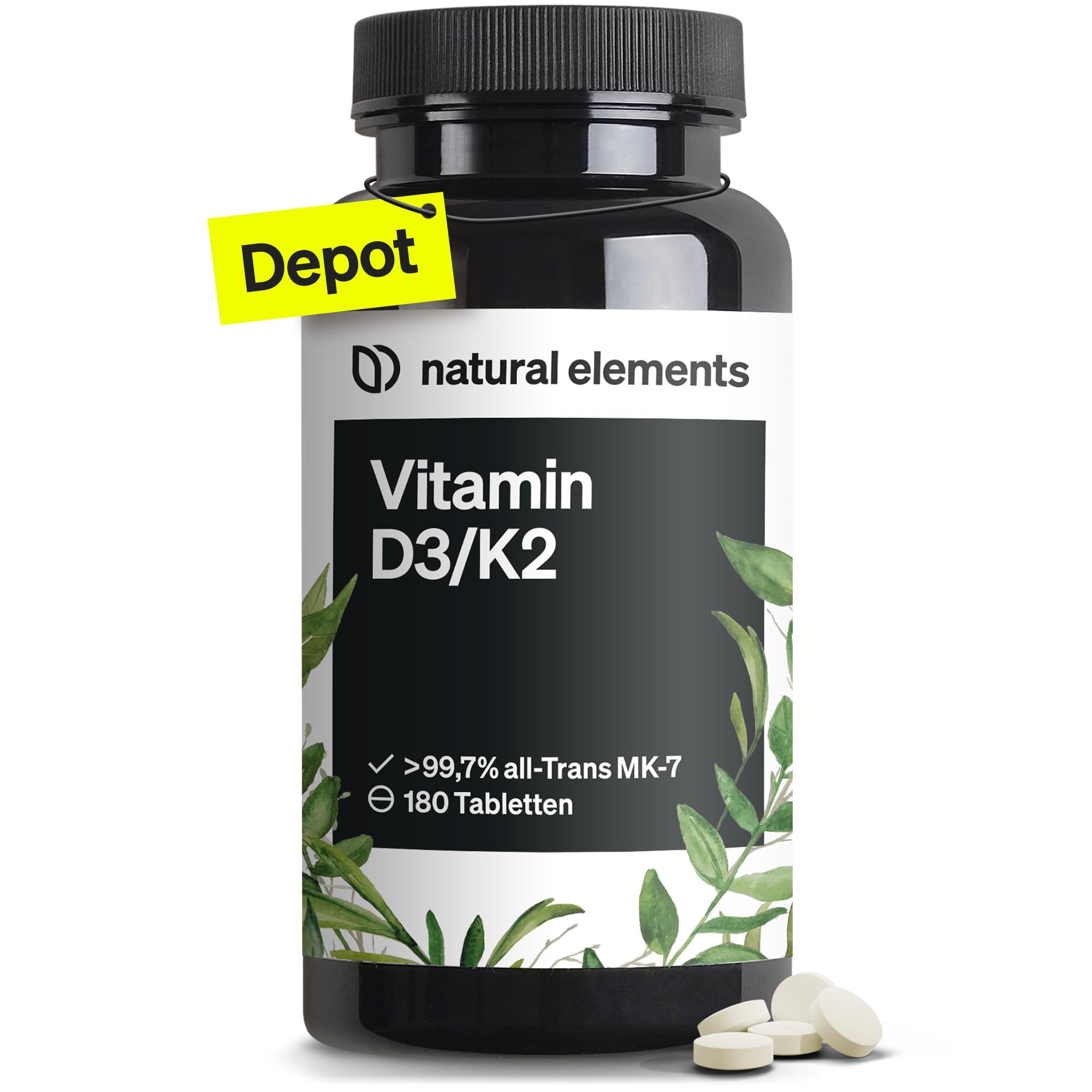 natural elements Vitamin D3 + K2 Depot – 180 Tabletten – Premium-Qualität: K2VIT