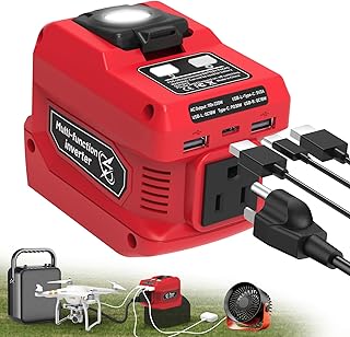 220W Power Inverter for Milwaukee 18V Battery, DC 18V to AC 110V Battery Inverter, Portable Power Station Generator with 1 AC Outlet, 2 USB Ports & 1 Type-C Fast Charging, 400LM LED Work Light