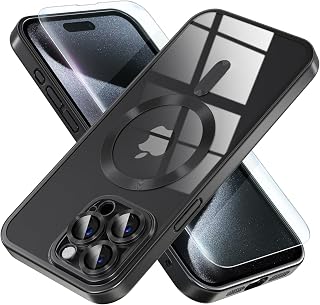 Misea Magnetic for iPhone 15 Pro Max Case [Never Yellowing] [Military Grade Drop Protection] Full Camera Lens Protector Soft Clear Phone Case for Women Girls, Titanium Black
