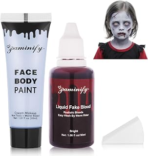 Paminify Halloween Zombie Makeup Kit,1.01oz Zombie Grey Blue Face Body Paint and 30ml Washable Dripping Vampires Fake Blood with sponge,Light Gray Face Painting SFX Cream Makeup with Stage Blood