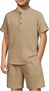 Arshiner Boys 2 Pieces Set Textured Henley Shirts & Shorts Set 4-12 Years