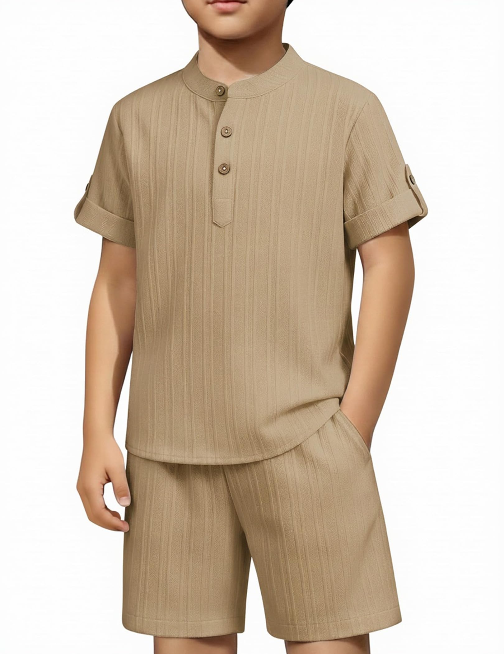 Arshiner Boys 2 Pieces Set Textured Henley Shirts & Shorts Set 4-12 Years