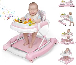 5 in 1 Baby Walker, Music and Lights Foldable Baby Walker with Wheels, 3 Adjustable Heights, with Bouncer Combo, Rocker, Activity Walker for Baby Boy and Girl 6-18 Months (Pink)