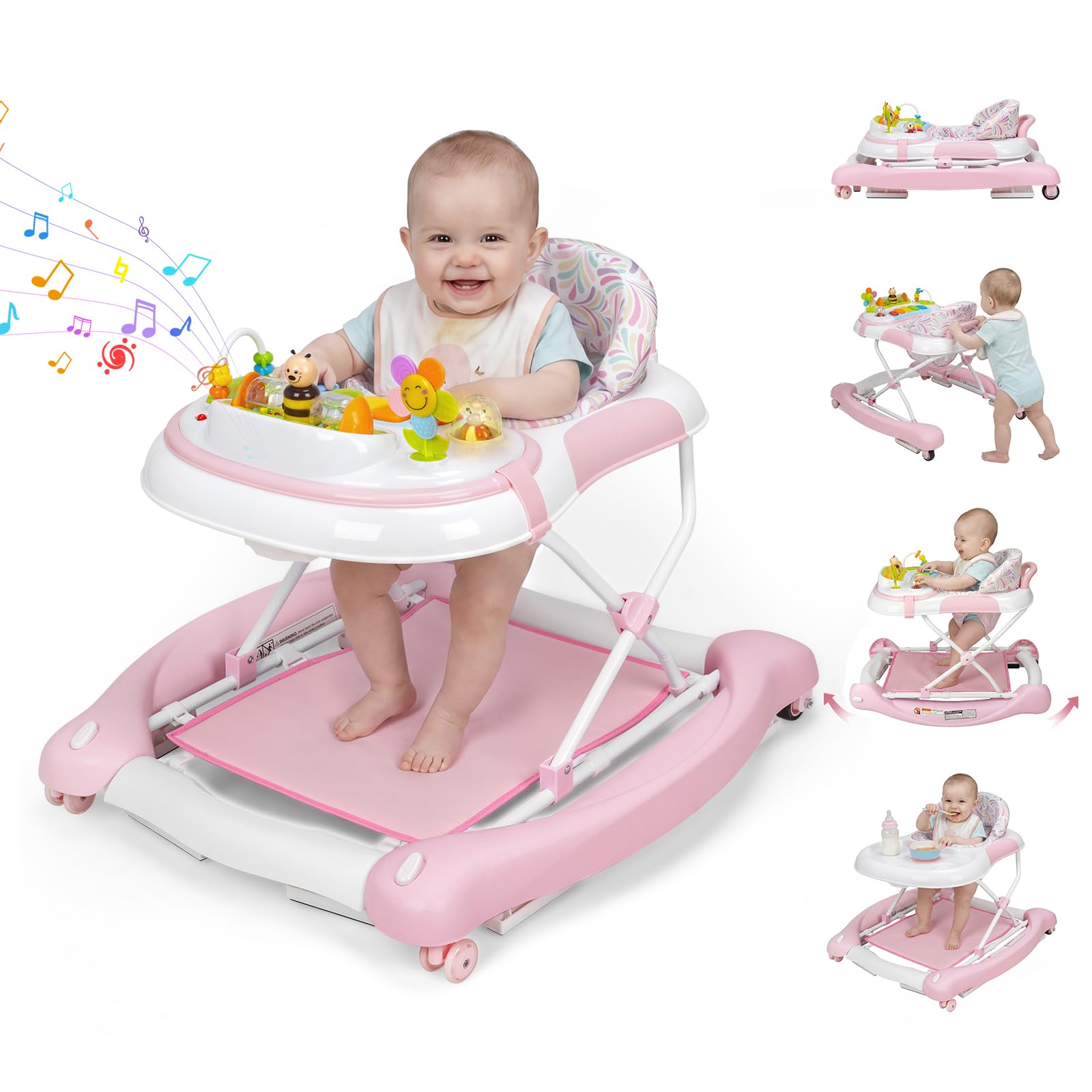 5 in 1 Baby Walker, Music and Lights Foldable Baby Walker with Wheels, 3 Adjusta