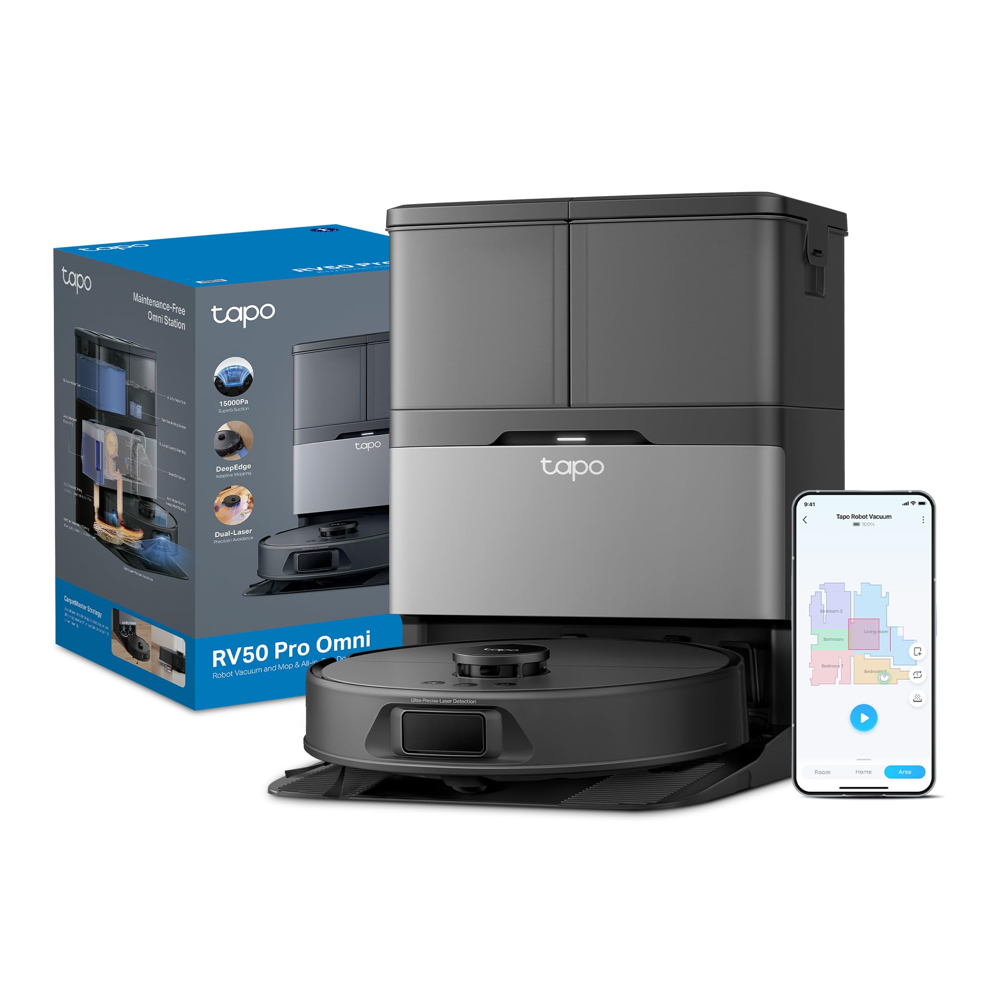 Tapo RV50 Pro Omni 15000Pa Robot Vacuum Cleaner with Mop, All in One Dock