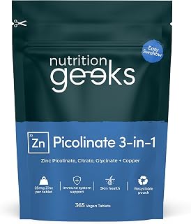 Zinc Supplements 25mg - 12 Month Supply with Zinc Picolinate, Bisglycinate and Citrate + Copper - 365 Easy-Swallow Vegan Tablets for Men & Women - High Absorption, UK Made by Nutrition Geeks