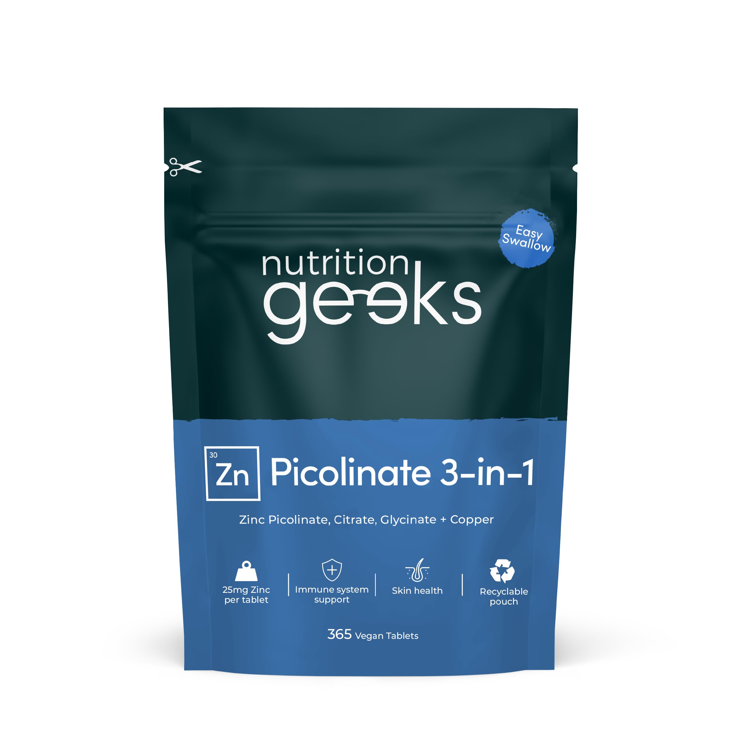 Zinc Supplements 25mg - 12 Month Supply with Zinc Picolinate, Bisglycinate and C