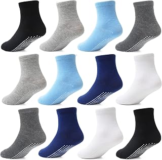 HYCLES Baby Grip Socks 12 Pairs for Boys Girls 0-10 Years - Toddler Non Slip Kids Anti Skid Crew Socks with Grips