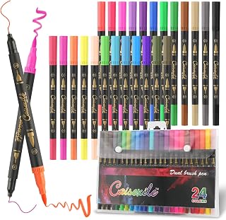 24 Colors Duo Tip Pens Art Markers, Artist Fine & Brush Tip Pen Coloring Markers for Adult Coloring Book Journaling Note Taking Lettering Calligraphy Drawing Pens Supplies