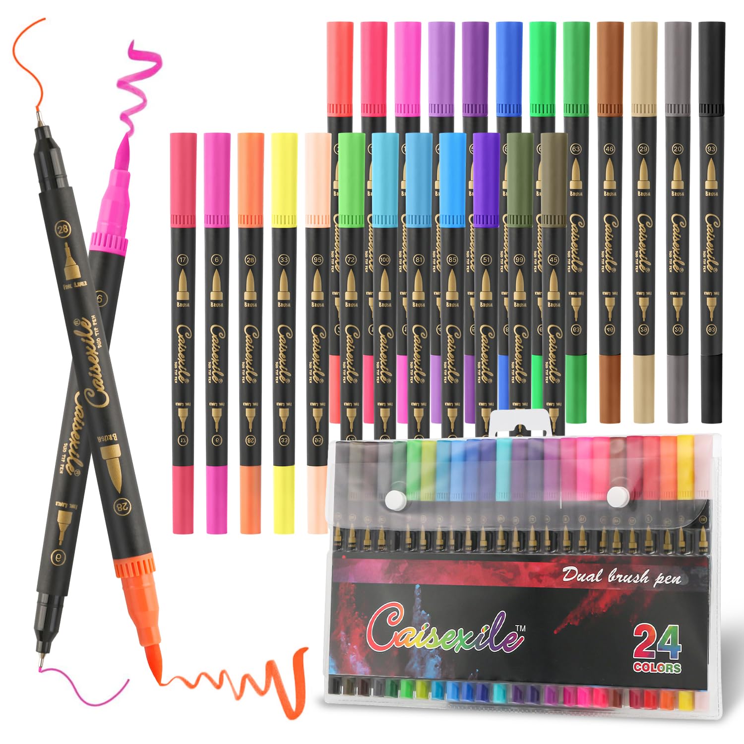 24 Colors Duo Tip Pens Art Markers, Artist Fine & Brush Tip Pen Coloring Markers