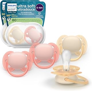 Philips Avent Ultra Soft Baby Pacifier, 0-6 Months, BPA-Free, 4-Pack | Flexible Shield, Fewer Skin Marks, Food-Grade Silicone Nipple, 98% Nipple Acceptance, 2 Sterilizing Cases, SCF091/47