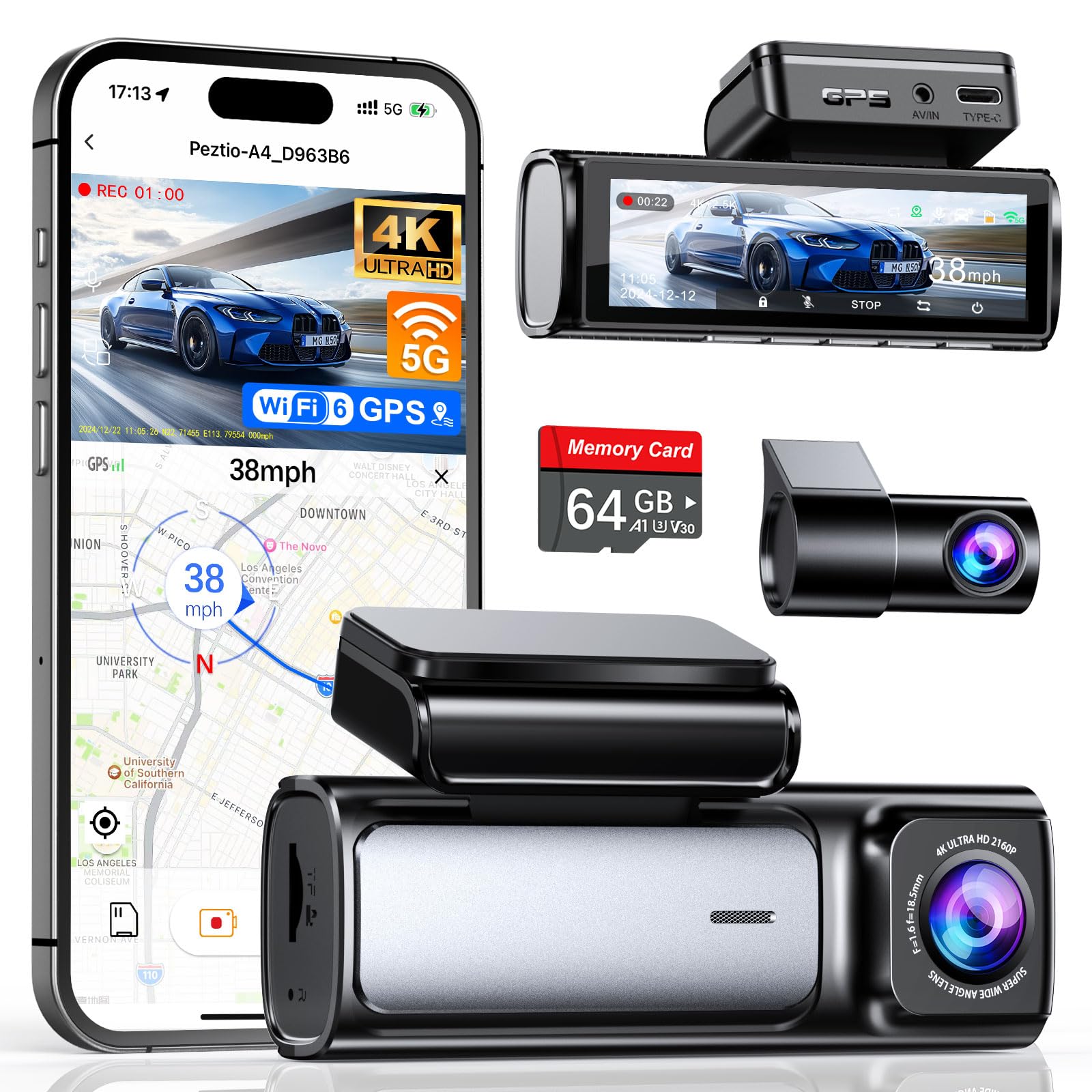 Affver 4K+2.5K Dash Cam Front and Rear, Built-in 5G WiFi 6 GPS Dual Dashcam | 64