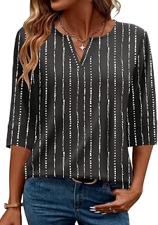 AKEWEI Women's Summer T-Shirt V-Neck 3/4 Sleeve Elegant Casual Basic Blouses
