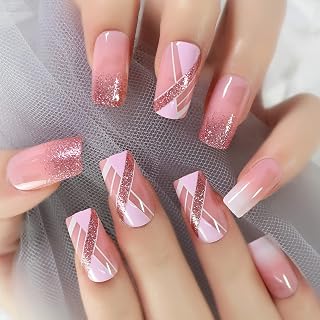 Medium Square Press On Nail Pink Fake Nail Polish Full Cover False Nail Kit for Women - 24pcs/set