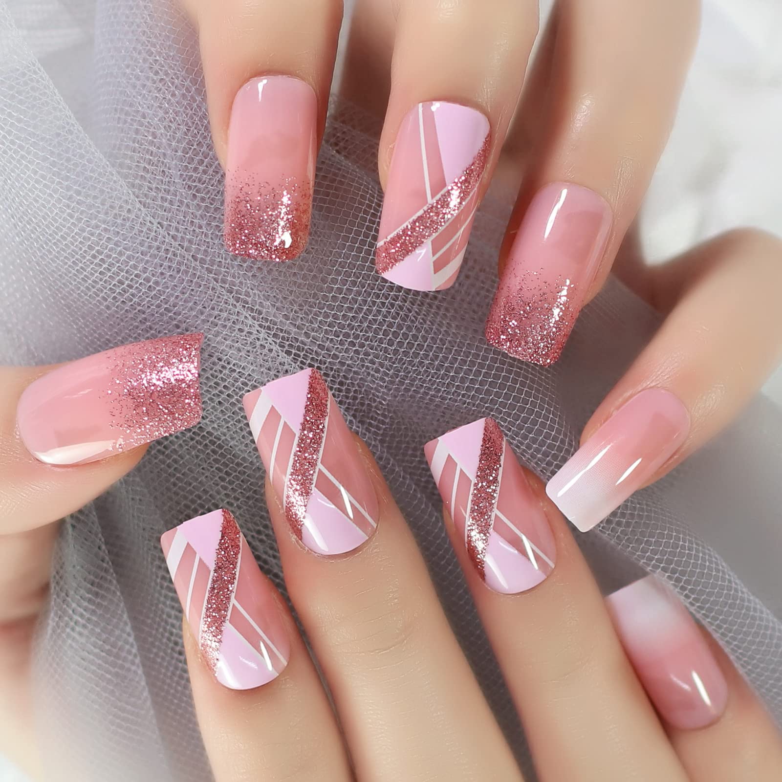 Medium Square Press On Nail Pink Fake Nail Polish Full Cover False Nail Kit for 