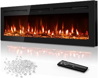 Tehanld 60" Ultra-Thin Electric Fireplace Heater, Recessed Wall Mounted | 60-99°F Thermostat, 0/750/1500W Fast Heating, Child Lock, 12H Timer, Realistic Flame, Log & Crystal for Living Room