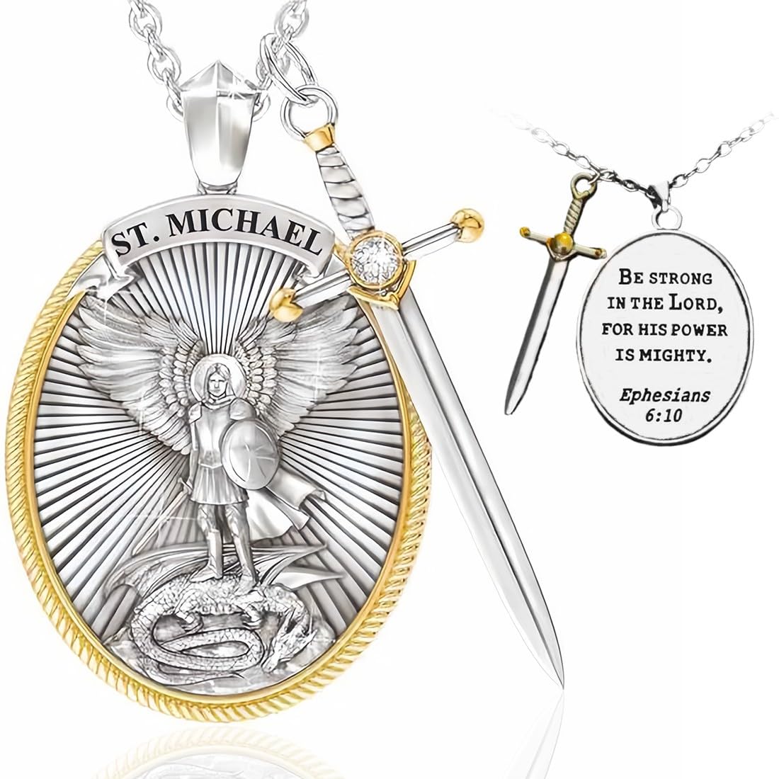 Archangel Saint Michael Pendant Necklace Angel Wings Necklace For Men Shield Nec
