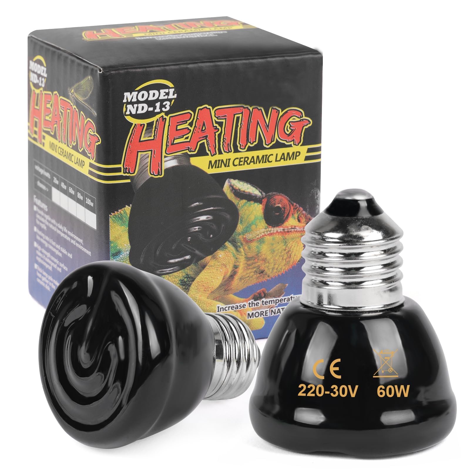 Adiwo 2 Pack 60W Ceramic Reptile Heat Bulb, E27 Base, Infrared Heating, Ceramic 