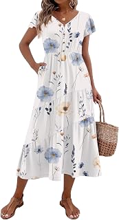 Zeagoo Women's Summer Casual Dress Short Sleeve V Neck Button Down Tiered Dresses with Pockets